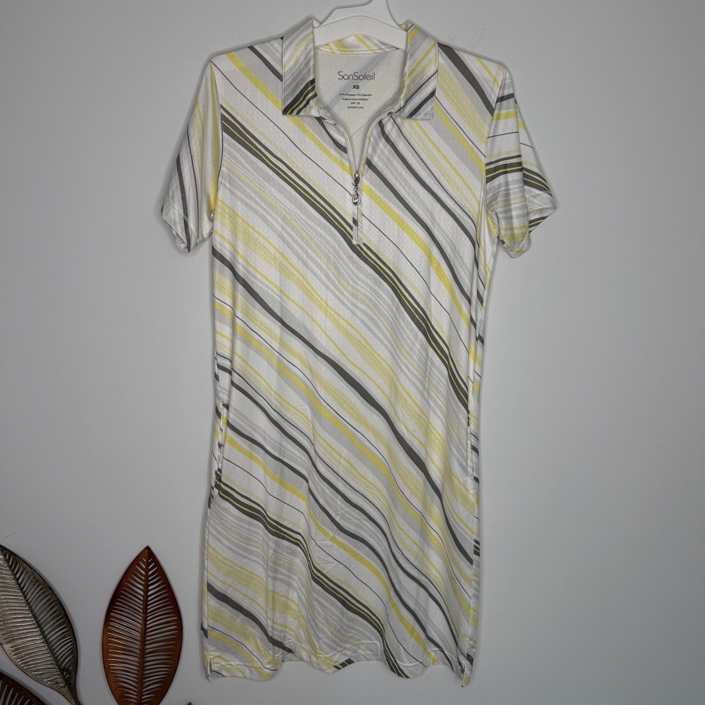 RARE SanSoleil Womens Golf Tennis Dress Yellow Grey Striped UPF 50 Quarter ZipXS
